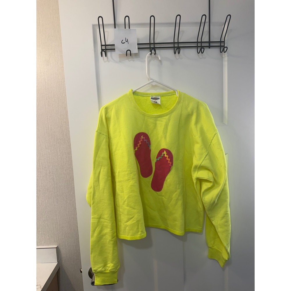 Jerzees‎ Neon Yellow Flip Flop Applique Cropped Sweatshirt Womens Medium NuBlend